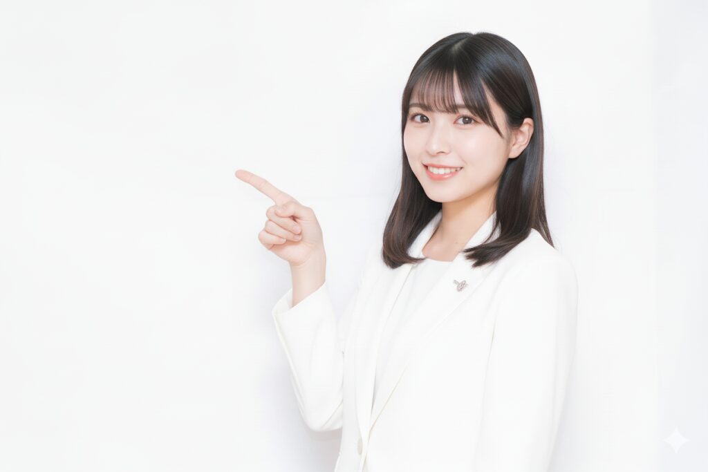 指差しをしている白いスーツの女性