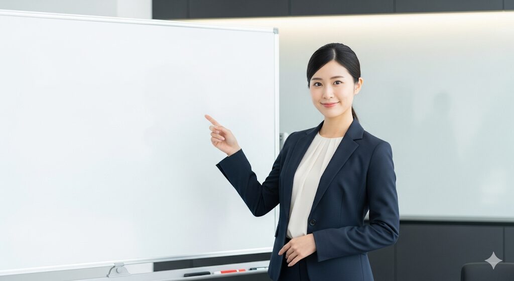 オフィスの会議室のホワイトボードを指差しする女性