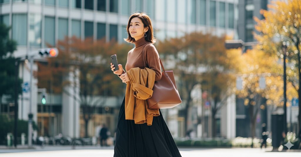秋のオフィス街を歩いてる女性