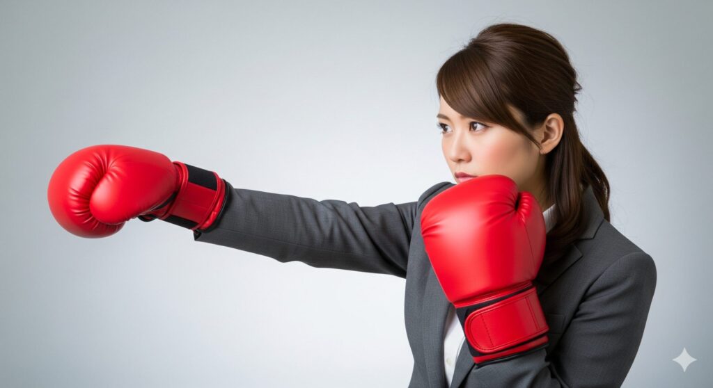 ボクシンググローブをして戦う姿勢の女性