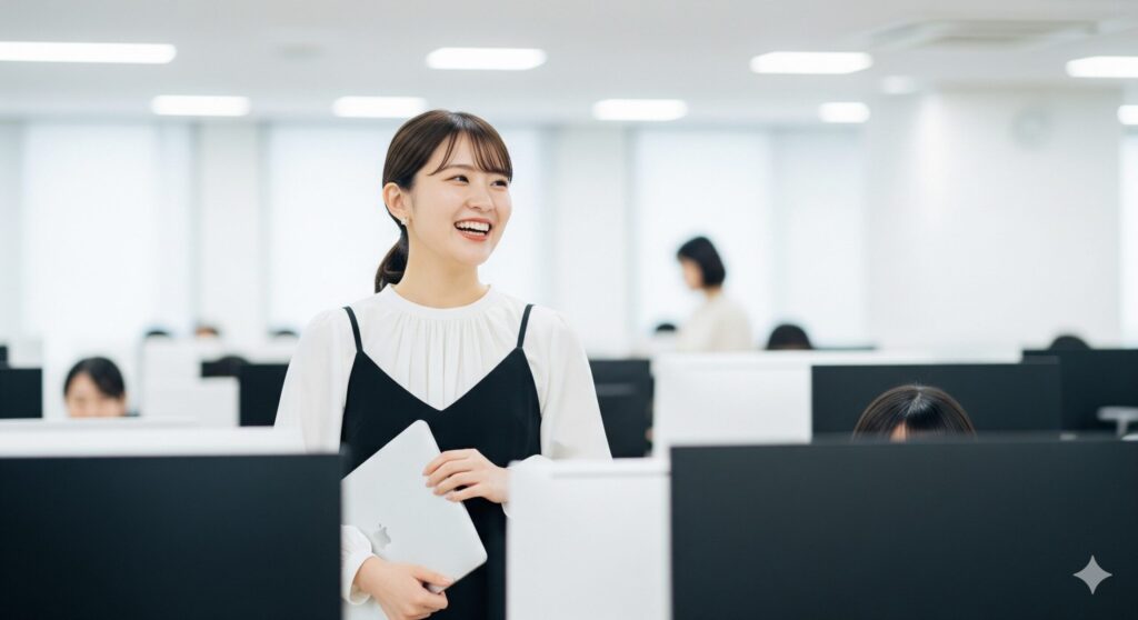 社内でノートパソコンを手に持って微笑む女性