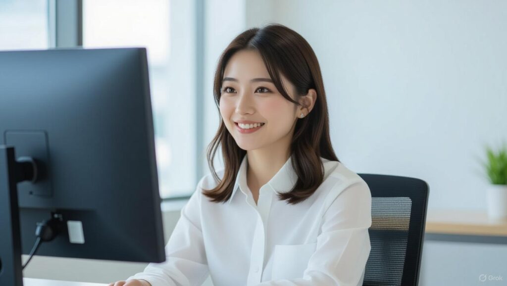 デスクトップパソコンで仕事をする服装がオフィスカジュアルの女性
