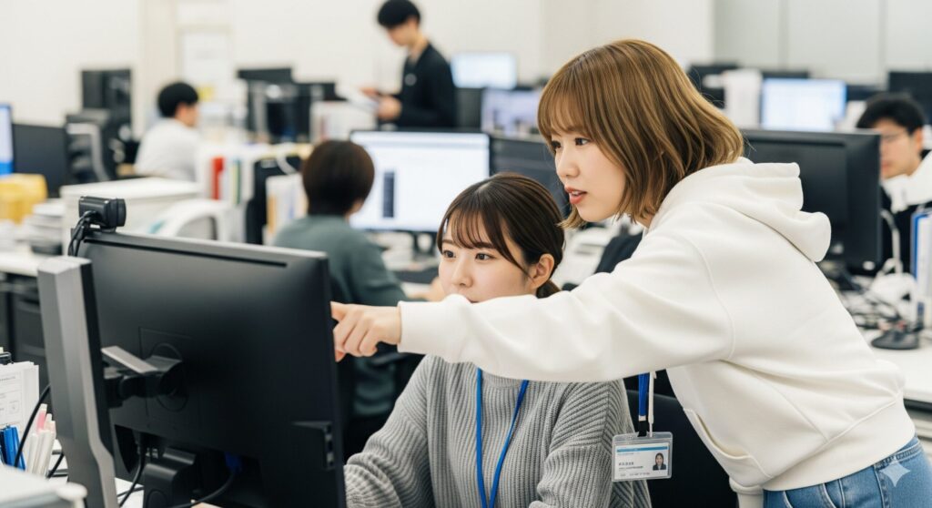 社内で先輩が後輩に仕事を教えてる２人の女性