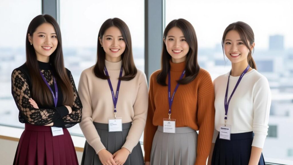 オフィスの窓際に並んで立っている４人の女性