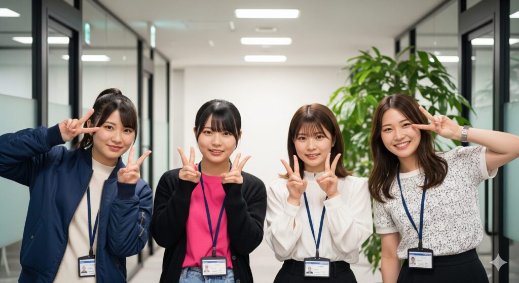 オフィスの通路でピースをしてる４人の女性