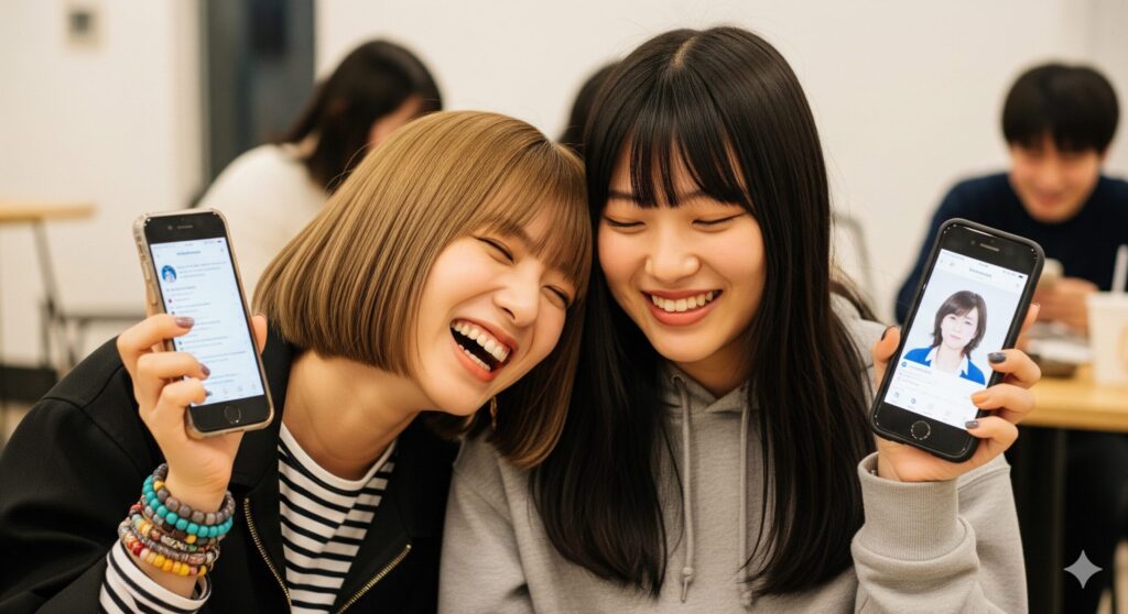 スマホを持ちながら笑ってる２人の女性
