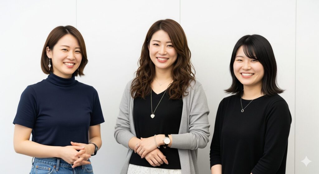 白い壁を背景にしたオフィスカジュアルの３人の女性