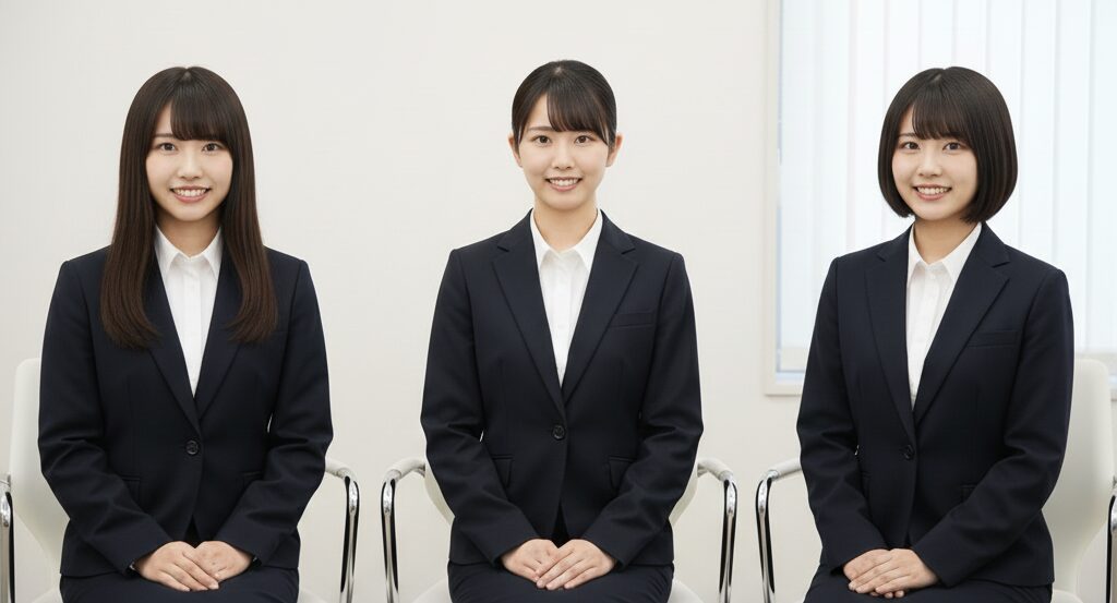 白い壁を背景にしたスーツの３人の女性