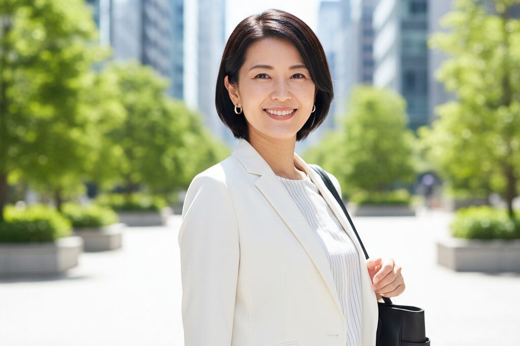 白いスーツで緑あるオフィス街にいる女性