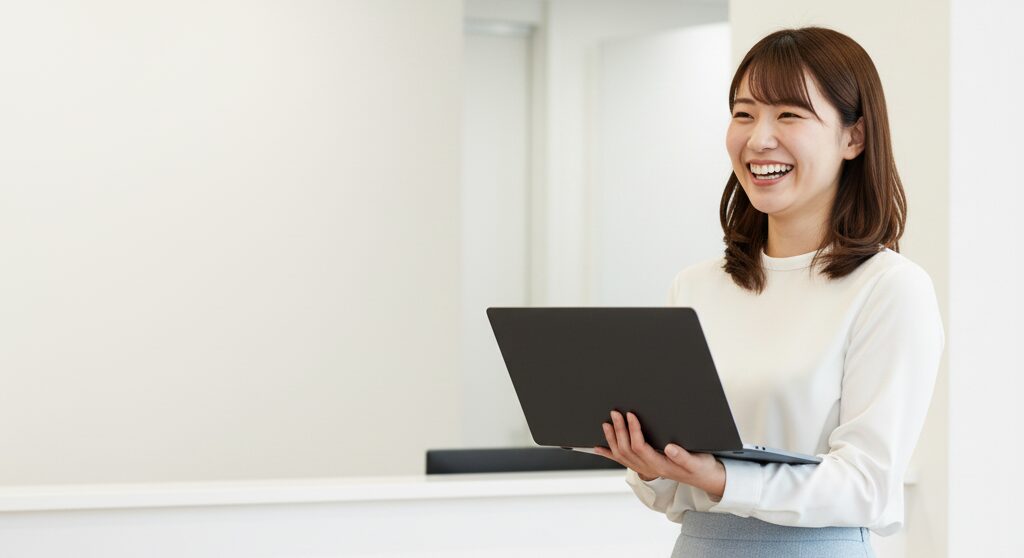 オフィスでノートパソコンを両手に持っている女性
