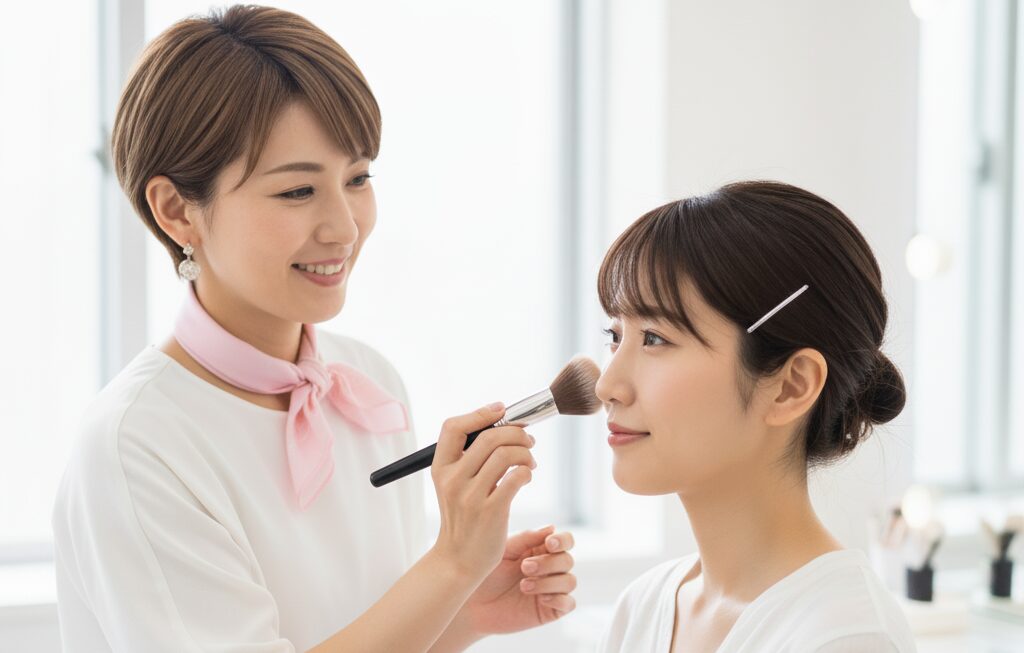 お客さまにメイクを行なっている美容部員の女性