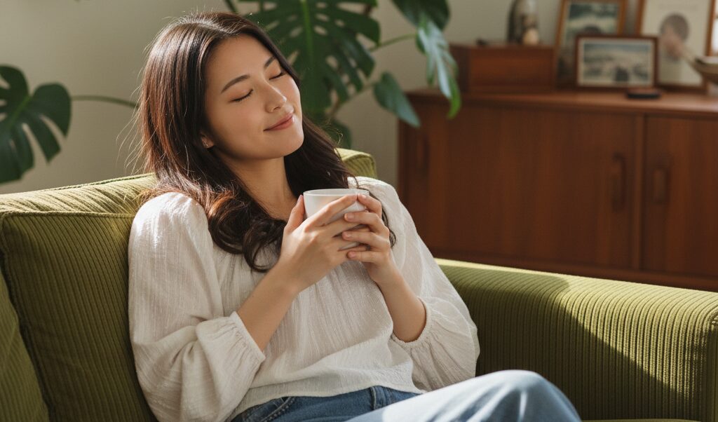 リビングでコーヒーを飲みながらリラックスする女性