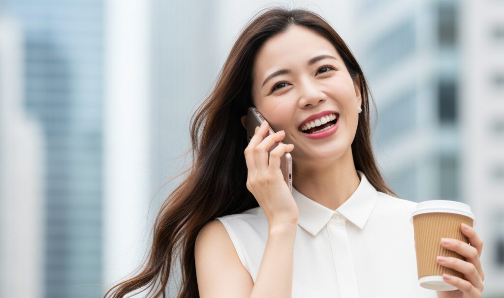 屋外の都市を背景にして右手にスマホを持ち左手にコーヒーを持つ女性