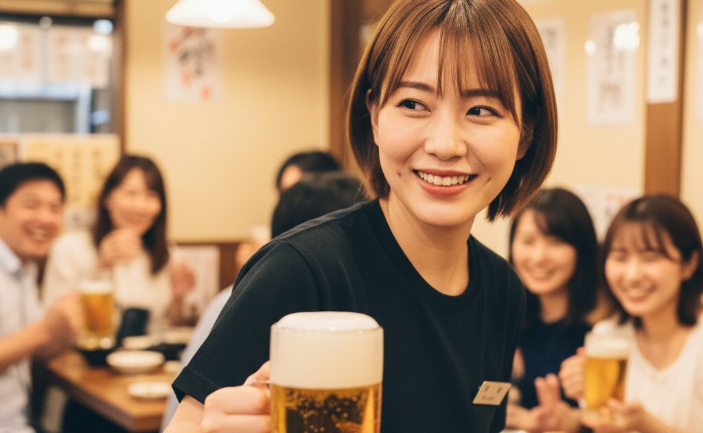 黒いTシャツを着てビールをお客さまにわたす女性