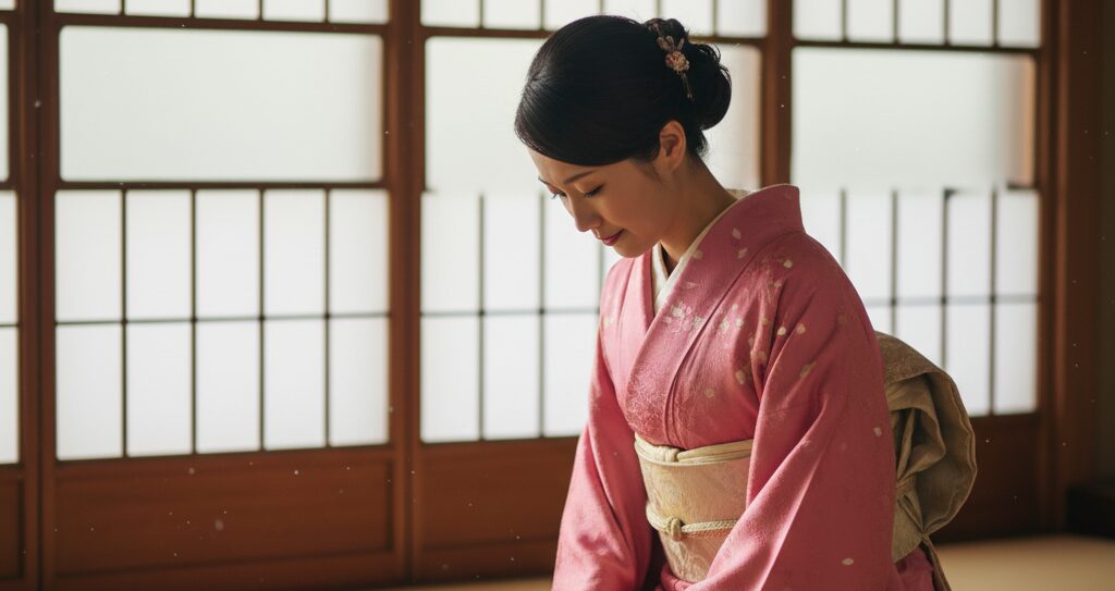 サクラ色の着物を着た仲居の女性