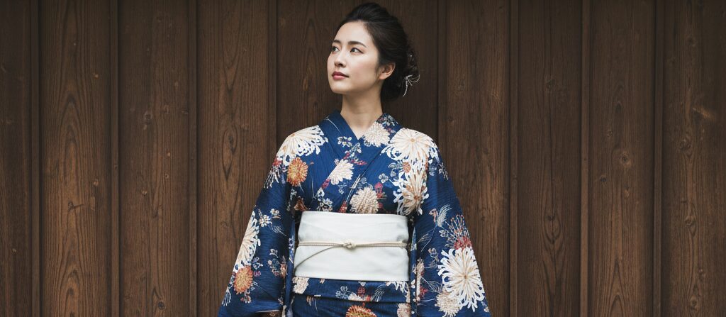 紺色の浴衣を着た女性