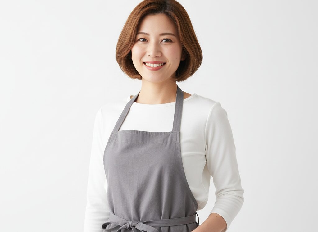 グレーのエプロンを着た女性
