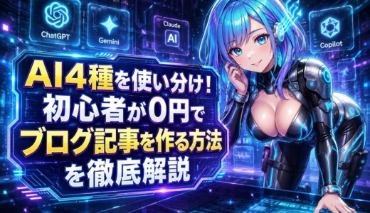 AI4種を使い分け！初心者が0円でブログ記事を作る方法を徹底解説のアイキャッチ用画像