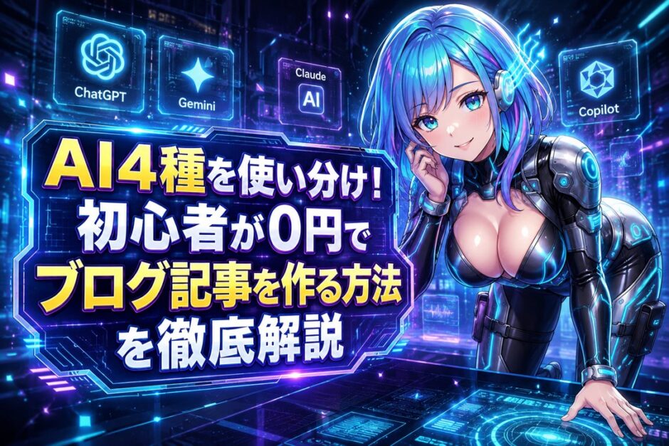 AI4種を使い分け！初心者が0円でブログ記事を作る方法を徹底解説のアイキャッチ用画像
